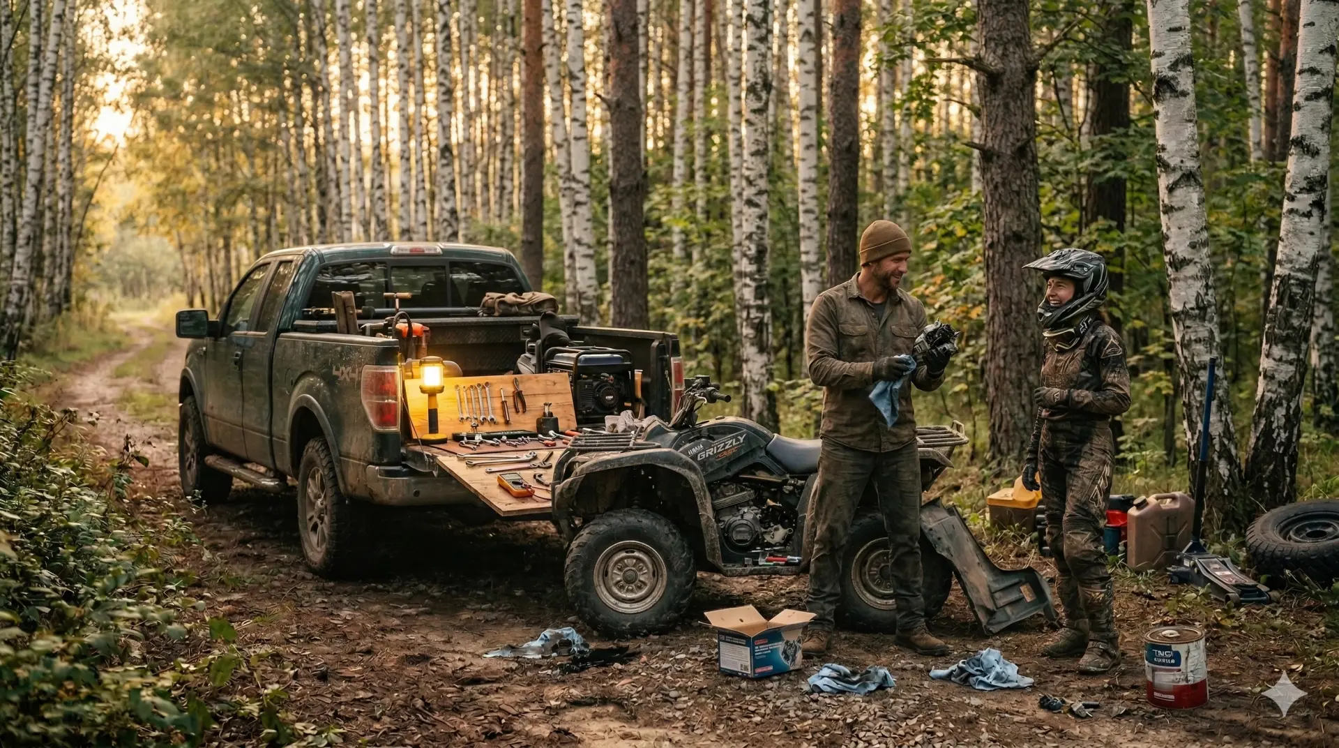 Выездной ремонт квадроцикла в полевых условиях — мастер с инструментом у пикапа
